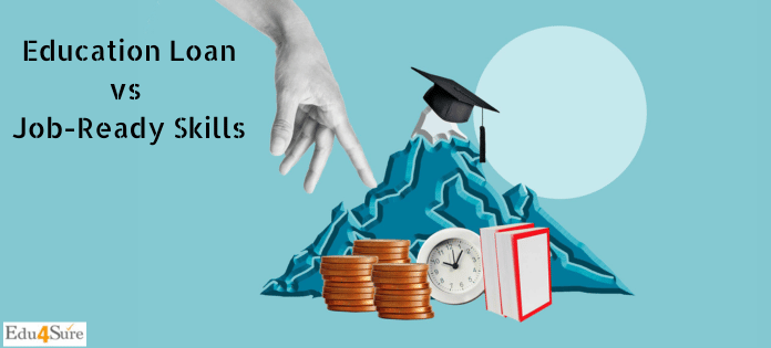 Education loan vs job-ready skills concept showing cost, time, and career outcomes with degree cap, books, clock, and money illustration