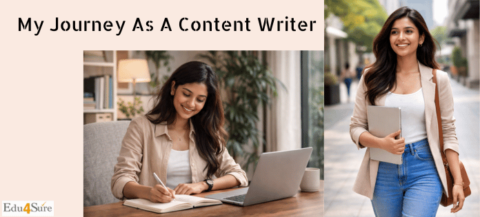A confident, smiling young woman walking with a laptop, symbolizing the journey of a content writer growing through creativity, consistency, and self-learning.