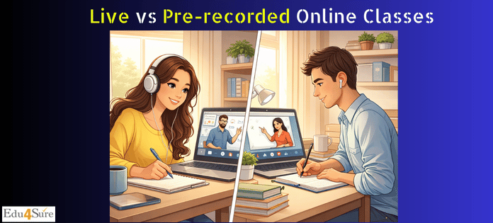 Live vs recorded online classes showing a girl attending live session and a boy watching recorded course on laptop