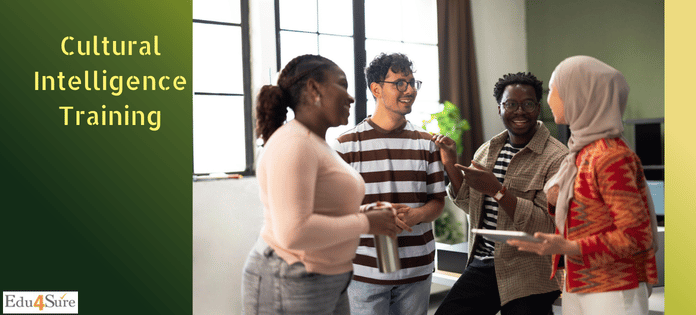 Diverse team members from different cultures collaborating and communicating in a workplace setting after cultural intelligence training.