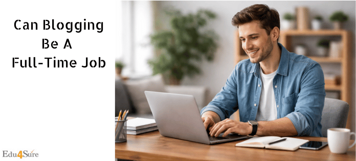 A professional blogger working on a laptop from home, creating content for a full-time blogging career