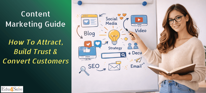 Woman explaining content marketing strategy on whiteboard with blog, SEO, social media and video concepts