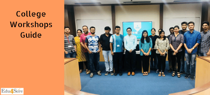 Trainer having a photo with the students of a college after the workshops.
