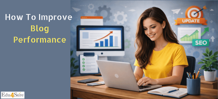 Woman working on laptop to improve blog performance with content optimization and SEO strategy