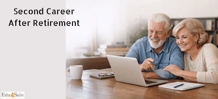 Smiling elderly couple learning new skills using laptop to start their second career after retirement.
