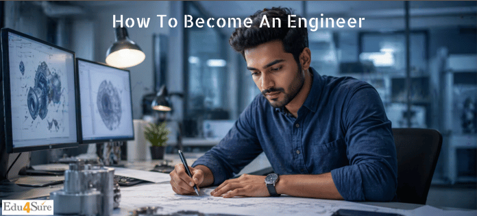 Young engineer working on technical design plans with computer screens in a modern office