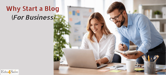 Professional workspace with 2 people working on a laptop, representing business blogging, content creation, and digital growth strategy